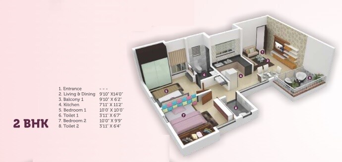 Floor plan of 2 BHK 624 Sq. Ft. Apartment in Ceratec Avika, Pune