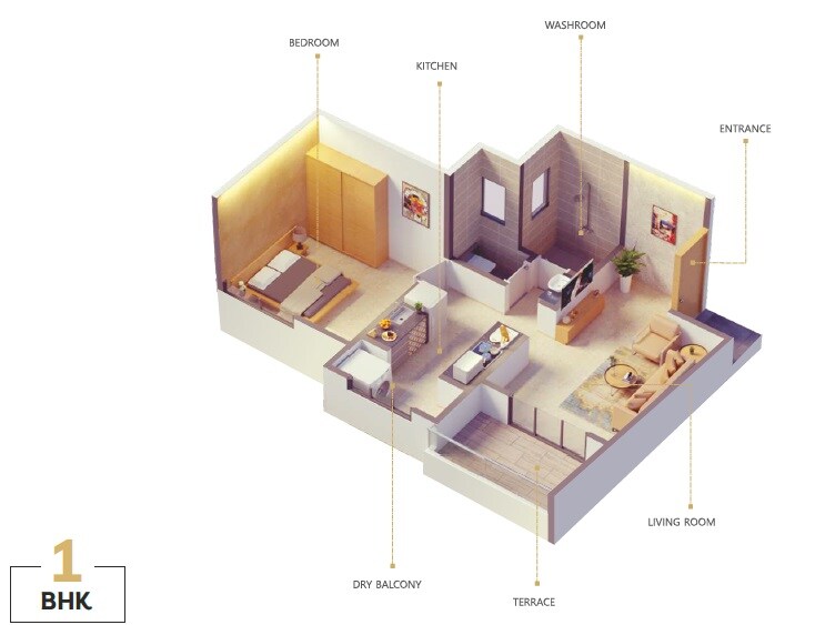 Floor plan of 1 BHK 460 Sq. Ft. Apartment in Ceratec Pavilion, Pune