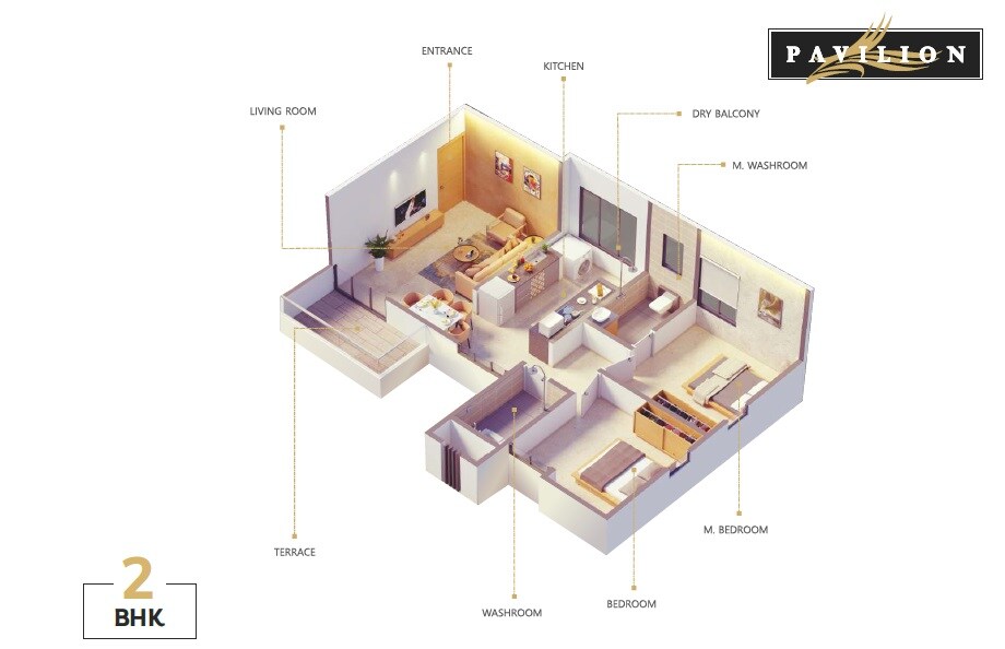 Floor plan of 2 BHK 675 Sq. Ft. Apartment in Ceratec Pavilion, Pune