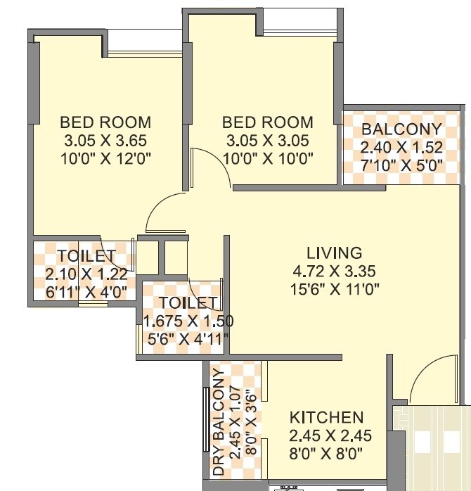 Floor plan of 2 BHK 668 Sq. Ft. Apartment in Chaandrai Jadhav Prestige, Pune