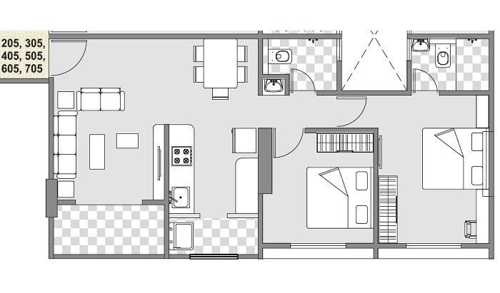 Floor plan of 2 BHK 712 Sq. Ft. Apartment in Chaandrai Jadhav Prestige, Pune