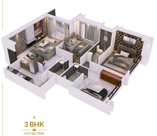 Floor plan of 3 BHK 952 Sq. Ft. Apartment in Chaandrai Redision Royal, Pune