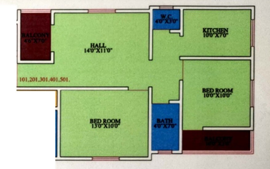 Floor plan of 2 BHK 628 Sq. Ft. Apartment in Chaitanya Yashoda Complex, Pune