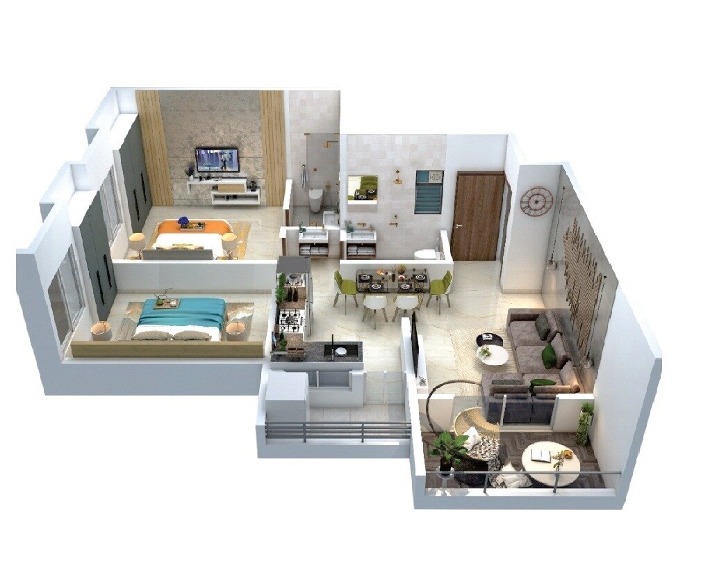 Floor plan of 2 BHK 736 Sq. Ft. Apartment in Chandrangan Revanta, Pune