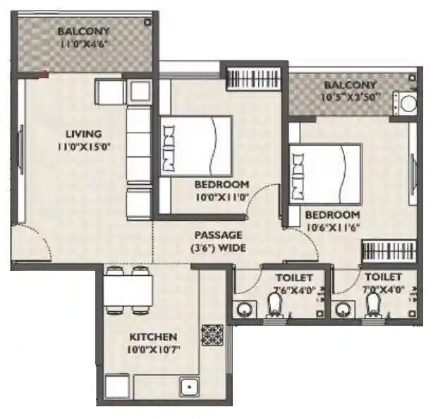 Floor plan of 2 BHK 651 Sq. Ft. Apartment in Chandrangan Revanta, Pune