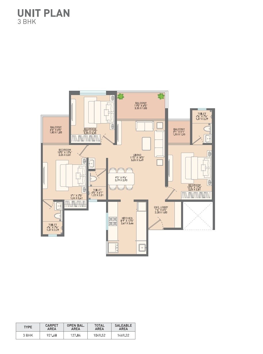 Floor plan of 3 BHK 1050 Sq. Ft. Apartment in Chandrarang 10 Elite Akasa, Pune