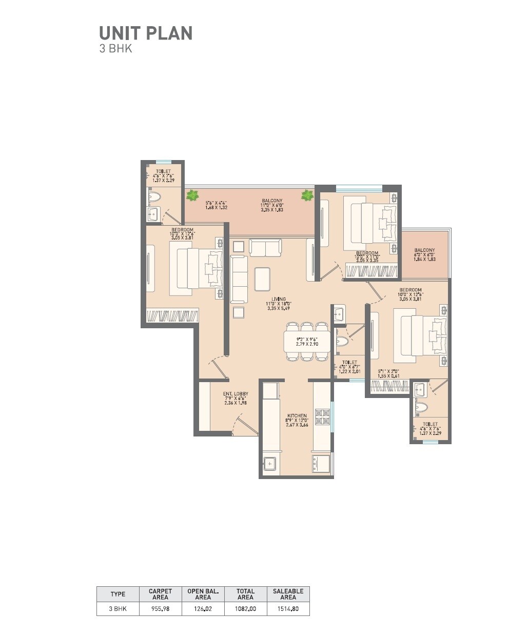 Floor plan of 3 BHK 1082 Sq. Ft. Apartment in Chandrarang 10 Elite Akasa, Pune