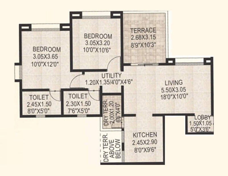 Floor plan of 2 BHK 880 Sq. Ft. Apartment in Chandrarang Opus 77, Pune