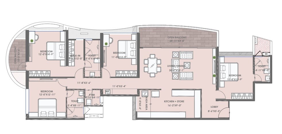 Floor plan of 4 BHK 1851 Sq. Ft. Apartment in Chandrarang The Embercrest, Pune