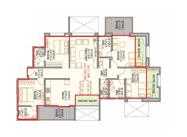 Floor plan of 4 BHK 1352 Sq. Ft. Apartment in Chandrarang Wisdom Park, Pune