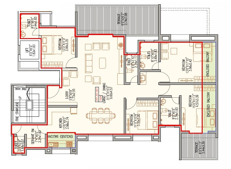 Floor plan of 4 BHK 1643 Sq. Ft. Apartment in Chandrarang Wisdom Park, Pune