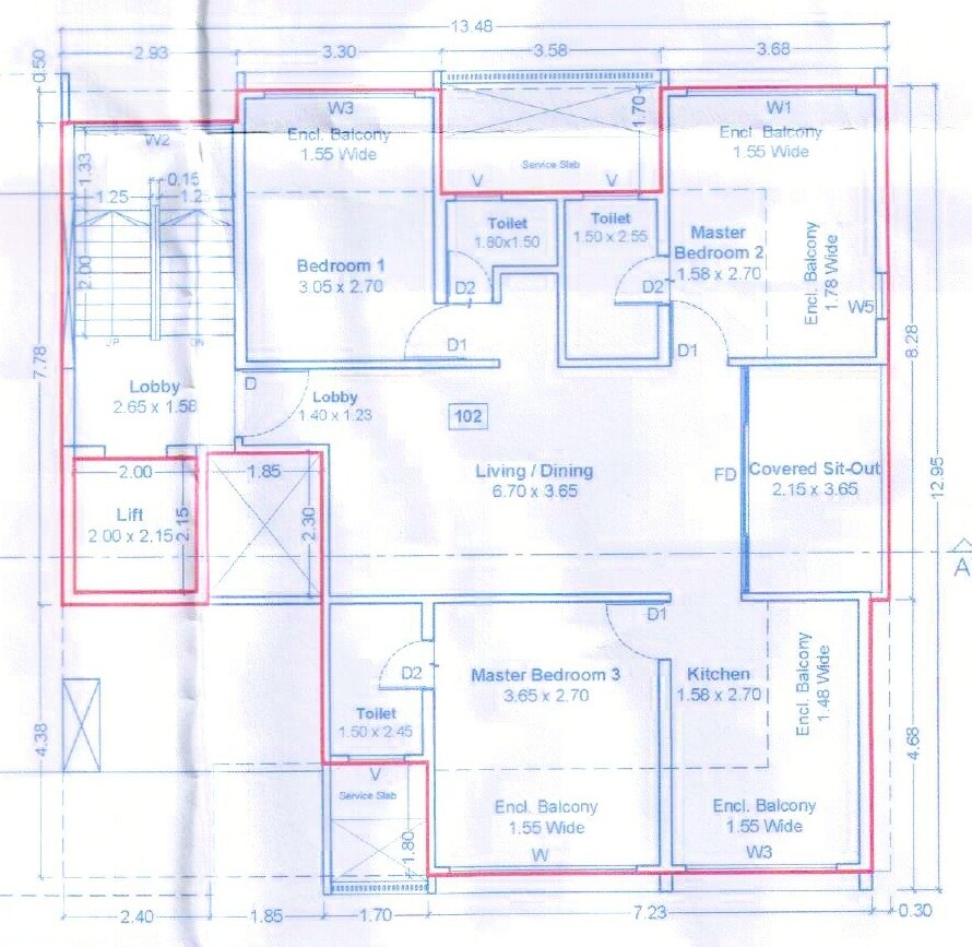 Floor plan of 3 BHK 872 Sq. Ft. Apartment in Chaphalkar Aarti Apartments, Pune