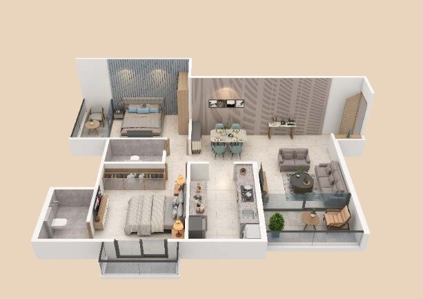 Floor plan of 2 BHK 881 Sq. Ft. Apartment in Chaphalkar Elina Living, Pune