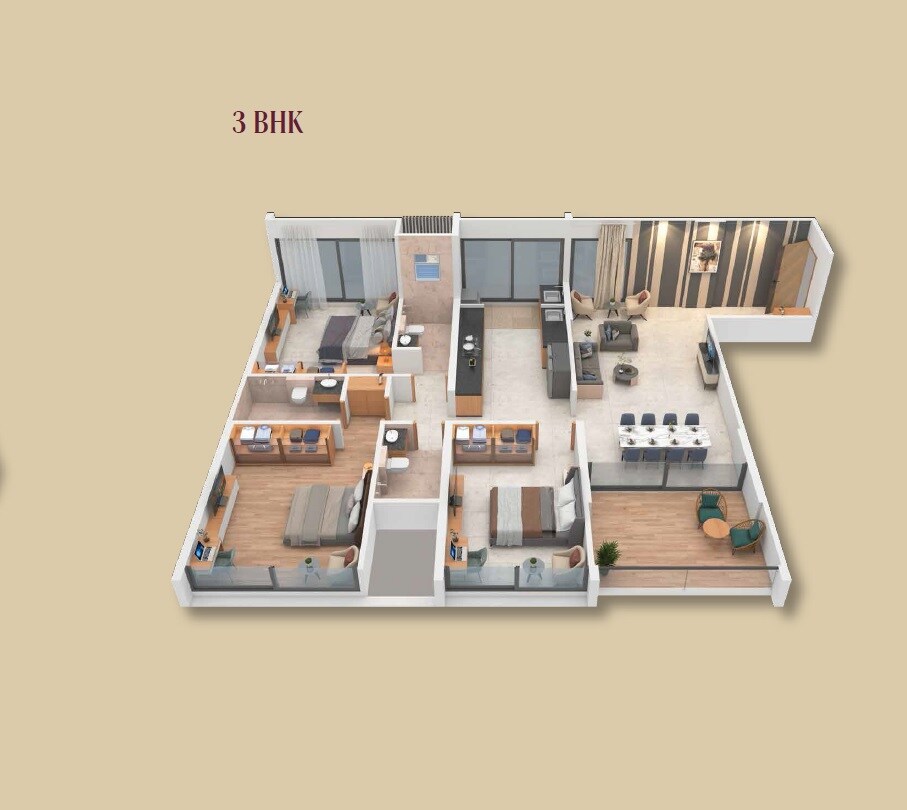 Floor plan of 3 BHK 1550 Sq. Ft. Apartment in Chaphalkar Shubhamkaroti, Pune