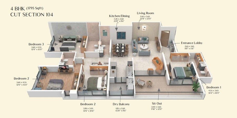 Floor plan of 4 BHK 1795 Sq. Ft. Apartment in Chaphalkar Singh CHS, Pune