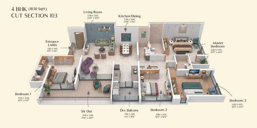 Floor plan of 4 BHK 1830 Sq. Ft. Apartment in Chaphalkar Singh CHS, Pune