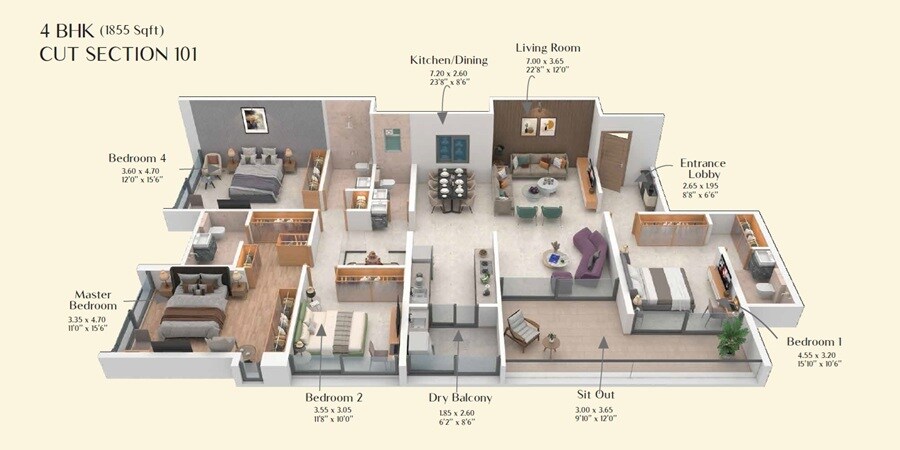 Floor plan of 4 BHK 1855 Sq. Ft. Apartment in Chaphalkar Singh CHS, Pune