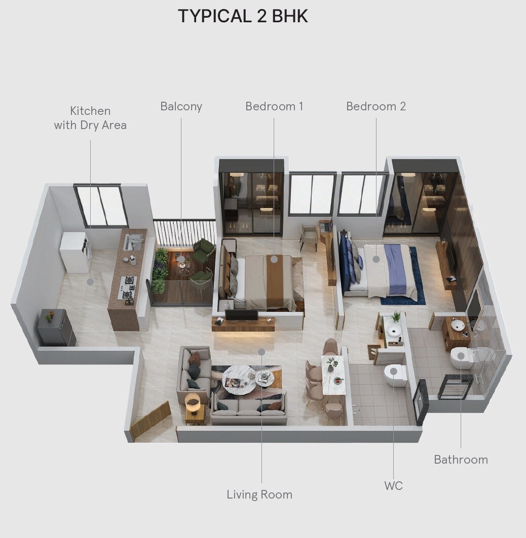 Floor plan of 2 BHK 634 Sq. Ft. Apartment in Chaurang Ivory Heights, Pune