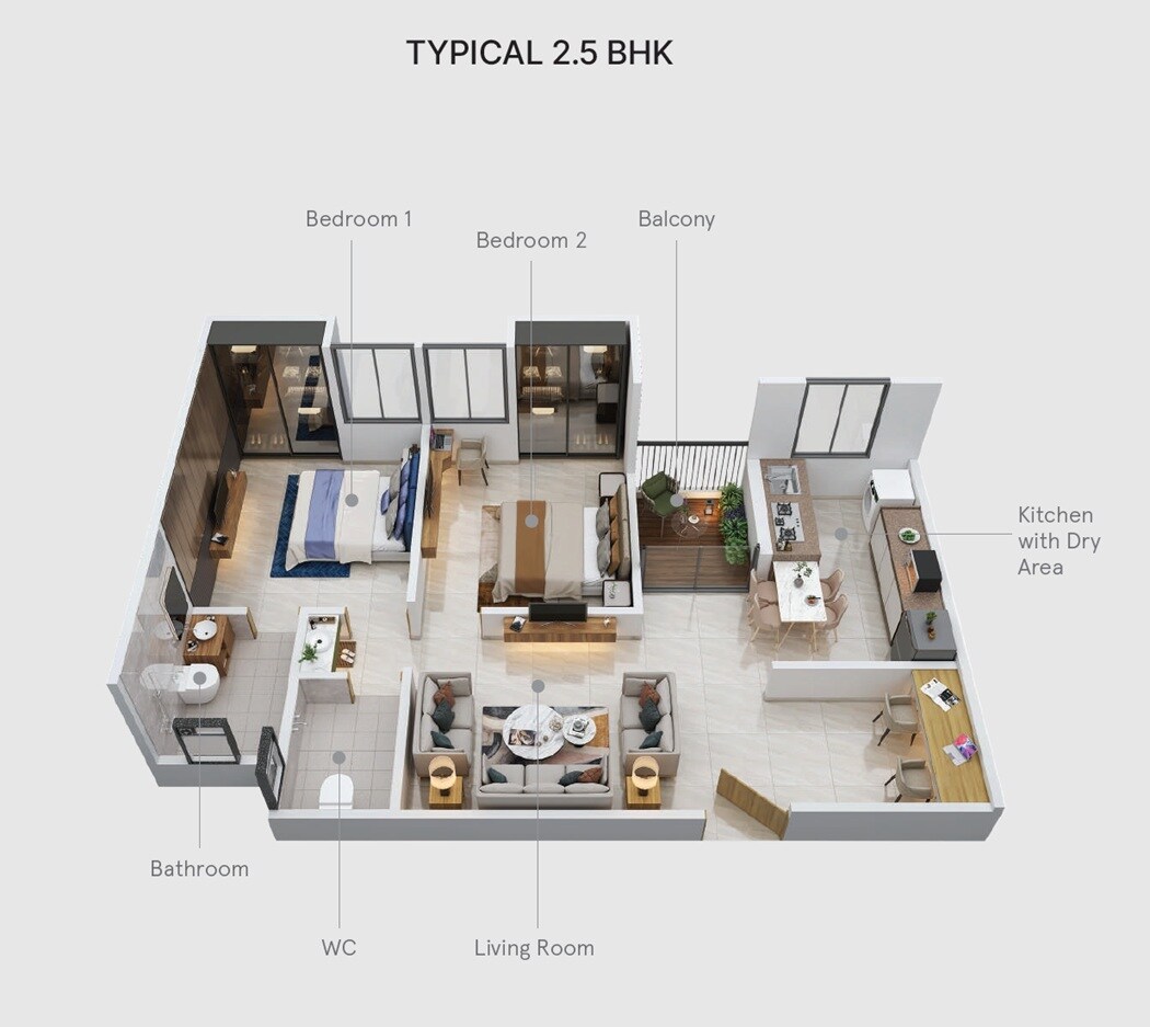 Floor plan of 2 BHK 841 Sq. Ft. Apartment in Chaurang Ivory Heights, Pune