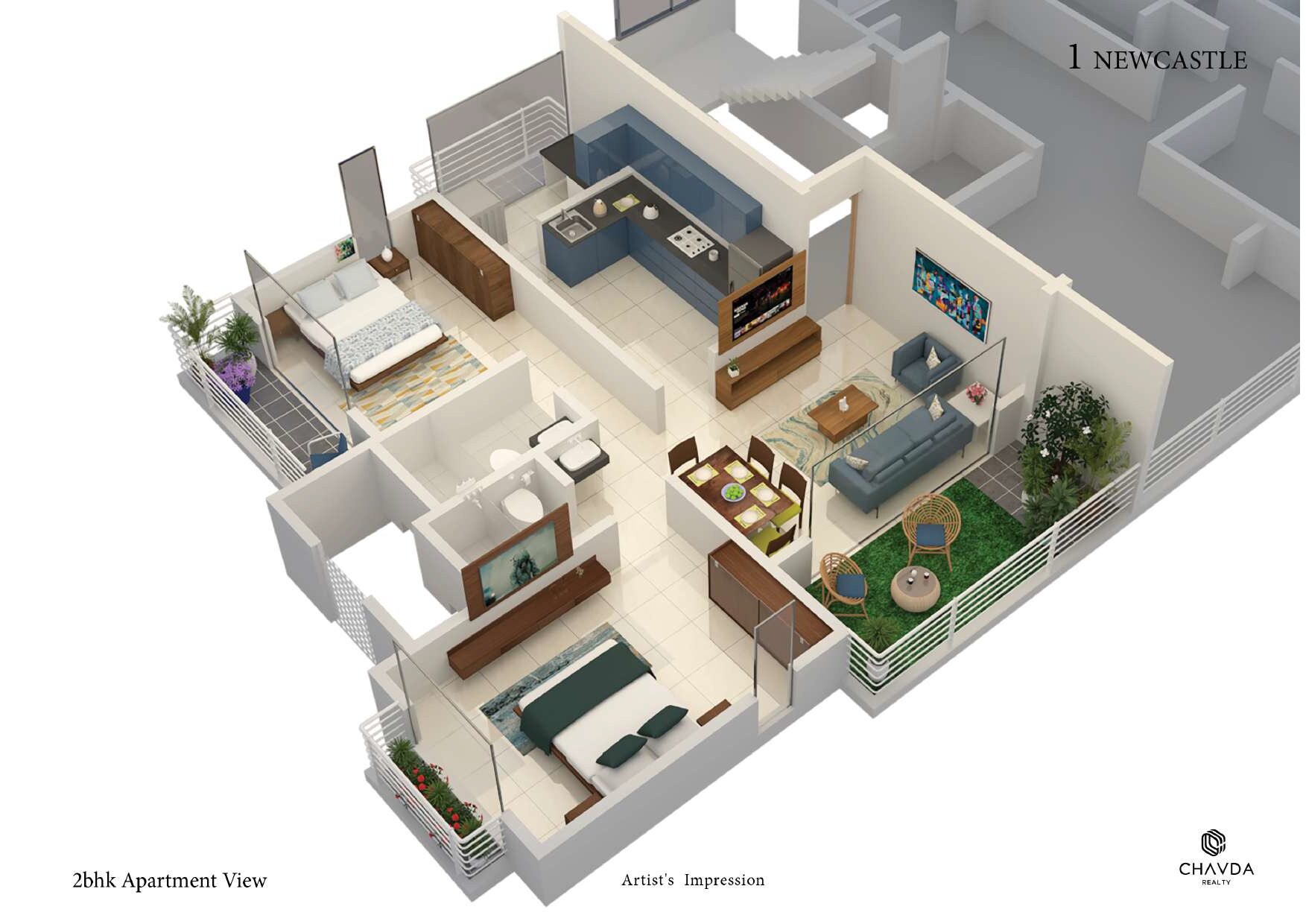 Floor plan of 2 BHK 748 Sq. Ft. Apartment in Chavda 1 New Castle, Pune