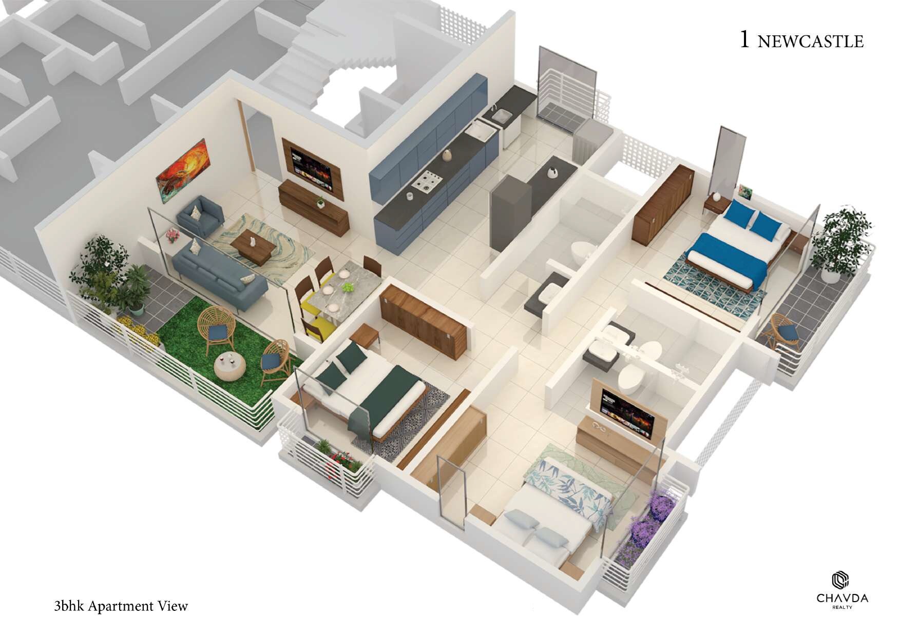 Floor plan of 3 BHK 965 Sq. Ft. Apartment in Chavda 1 New Castle, Pune