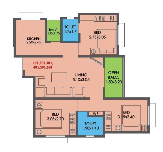 Floor plan of 3 BHK 934 Sq. Ft. Apartment in Chetana Sudarshan Solitaire, Pune