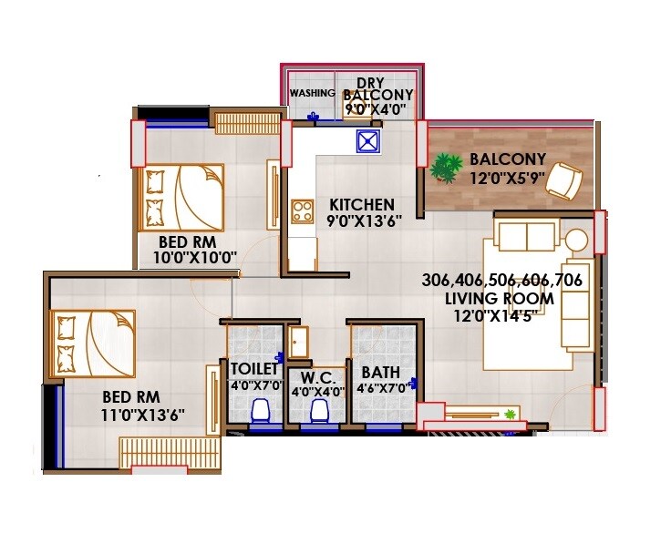 Floor plan of 2 BHK 770 Sq. Ft. Apartment in Chinmay Avenue, Pune
