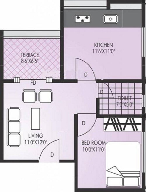 Floor plan of 1 BHK 673 Sq. Ft. Apartment in Chintamani Labhde Prestige, Pune