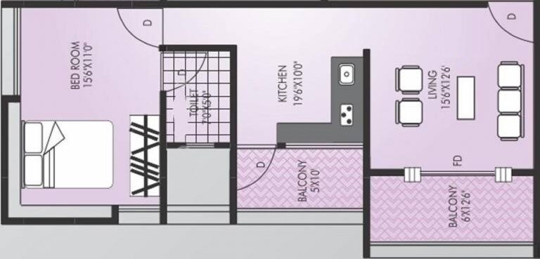 Floor plan of 1 BHK 865 Sq. Ft. Apartment in Chintamani Labhde Prestige, Pune