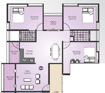 Floor plan of 3 BHK 1755 Sq. Ft. Apartment in Chintamani Labhde Prestige, Pune