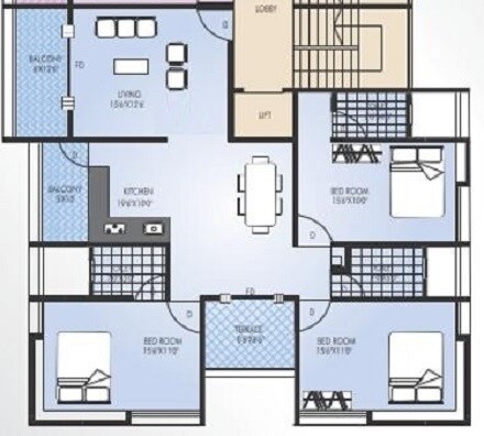 Floor plan of 3 BHK 1825 Sq. Ft. Apartment in Chintamani Labhde Prestige, Pune
