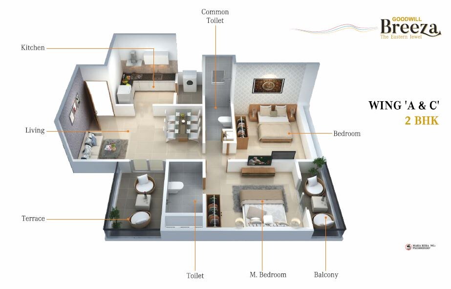 Floor plan of 2 BHK 631 Sq. Ft. Apartment in Choice Goodwill Breeza, Pune