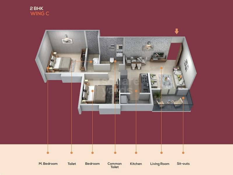 Floor plan of 2 BHK 532 Sq. Ft. Apartment in Choice Goodwill Fabian, Pune