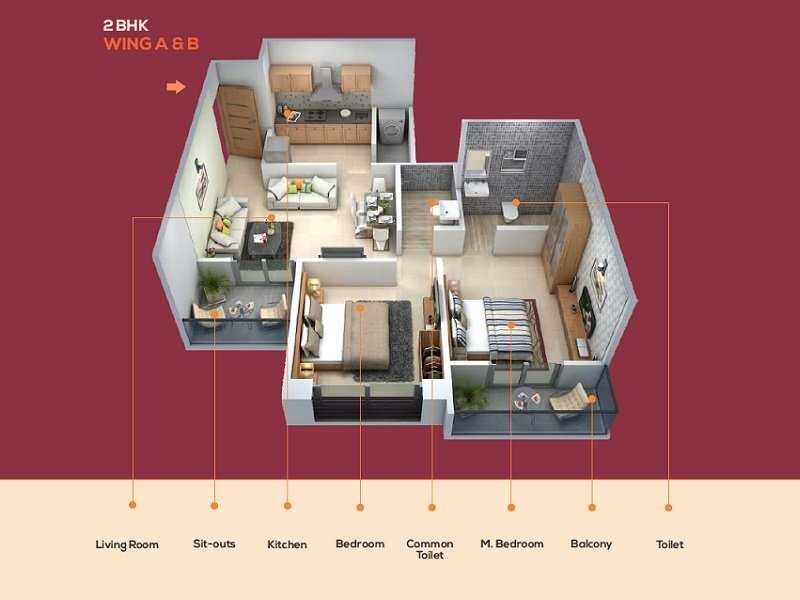 Floor plan of 2 BHK 653 Sq. Ft. Apartment in Choice Goodwill Fabian, Pune