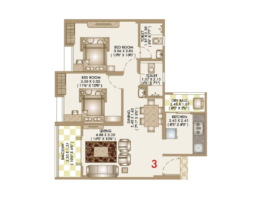 2 BHK 741 Sq. Ft. Apartment