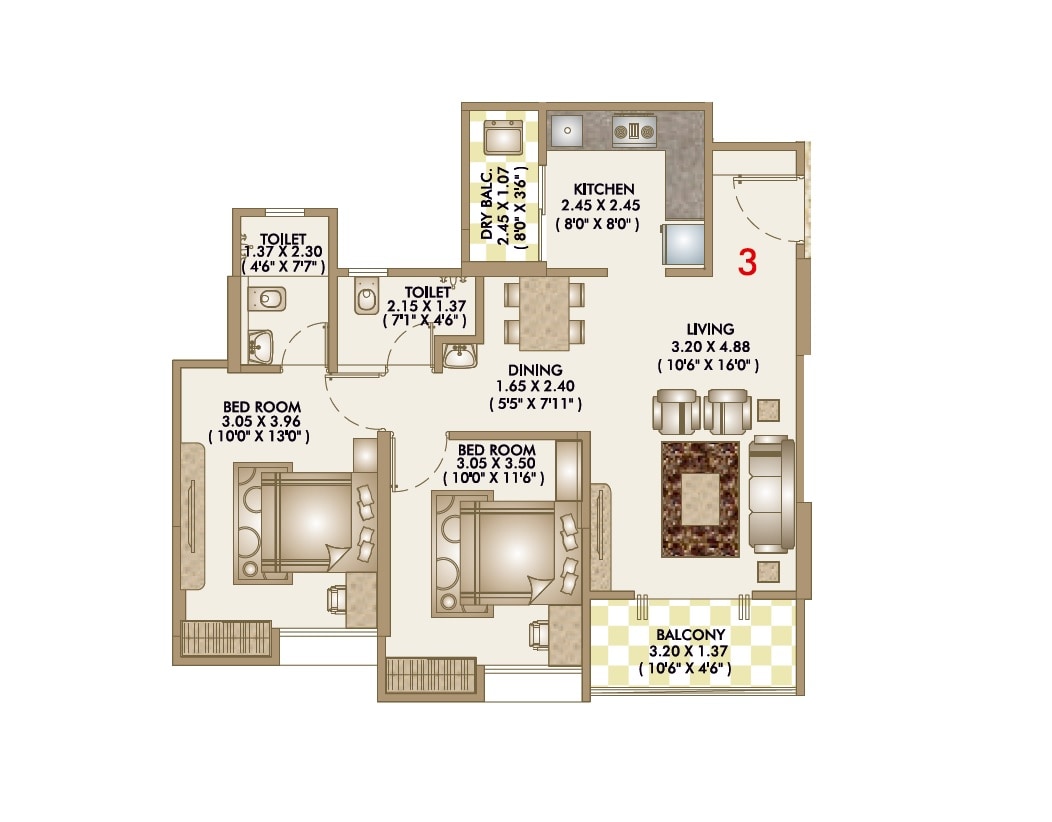 Floor plan of 2 BHK 755 Sq. Ft. Apartment in Choice Goodwill Metropolis East, Pune