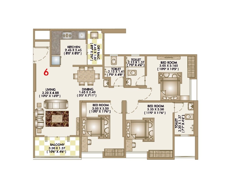 Floor plan of 3 BHK 914 Sq. Ft. Apartment in Choice Goodwill Metropolis East, Pune