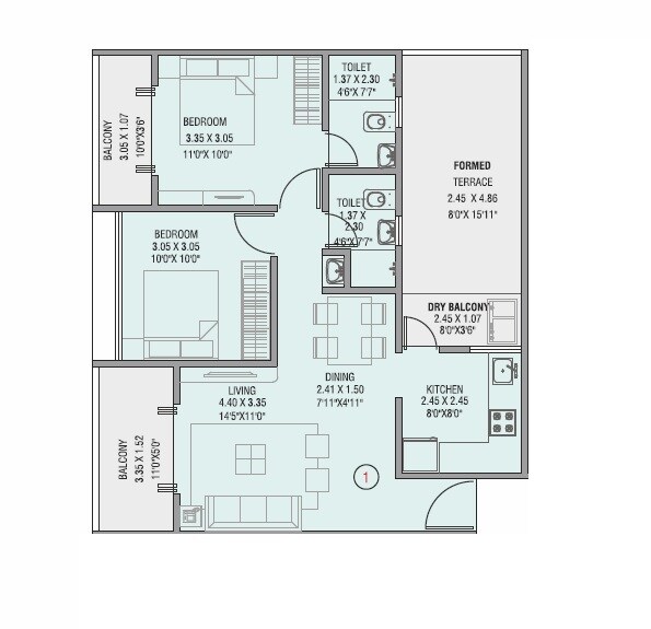 Floor plan of 2 BHK 397 Sq. Ft. Apartment in Choice Goodwill Metropolis West, Pune