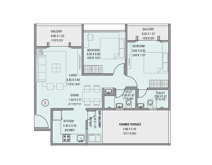 Floor plan of 2 BHK 420 Sq. Ft. Apartment in Choice Goodwill Metropolis West, Pune