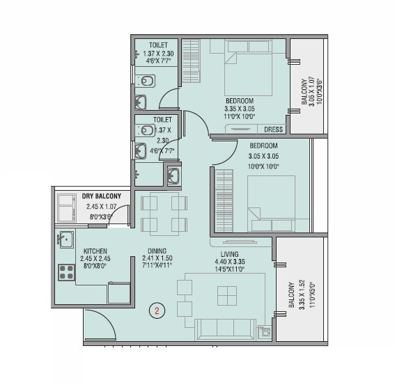 Floor plan of 2 BHK 490 Sq. Ft. Apartment in Choice Goodwill Metropolis West, Pune