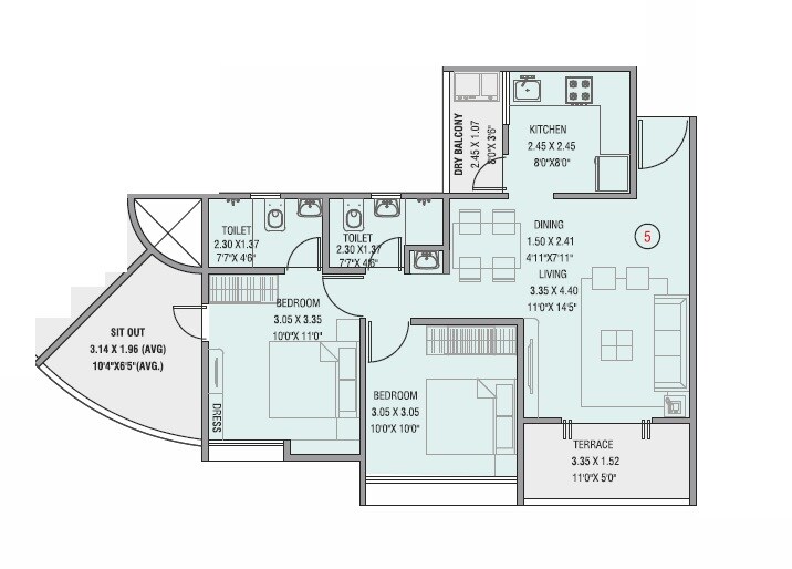 Floor plan of 2 BHK 613 Sq. Ft. Apartment in Choice Goodwill Metropolis West, Pune