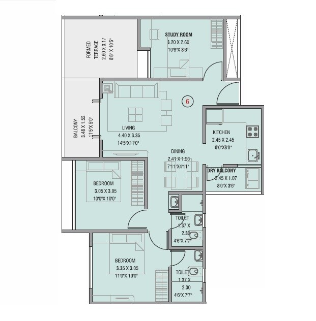 Floor plan of 3 BHK 649 Sq. Ft. Apartment in Choice Goodwill Metropolis West, Pune