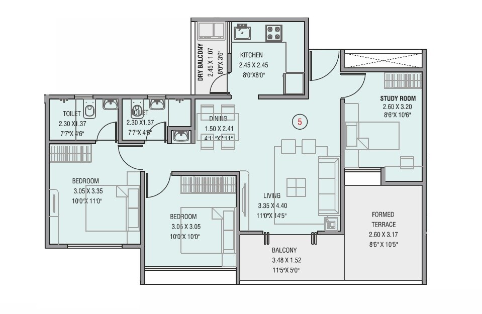 Floor plan of 3 BHK 666 Sq. Ft. Apartment in Choice Goodwill Metropolis West, Pune