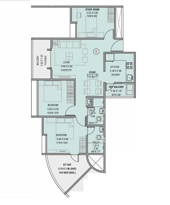Floor plan of 3 BHK 713 Sq. Ft. Apartment in Choice Goodwill Metropolis West, Pune