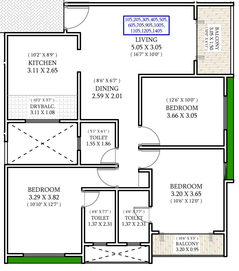 Floor plan of 3 BHK 1024 Sq. Ft. Apartment in Chopra Awadh Nagari, Pune