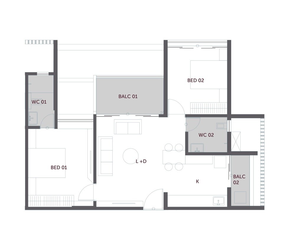 Floor plan of 2 BHK 634 Sq. Ft. Apartment in Chordia Solitaire Homes Pashan, Pune