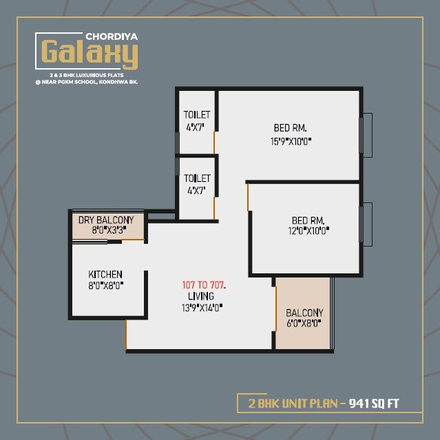 Floor plan of 2 BHK 682 Sq. Ft. Apartment in Chordiya Galaxy, Pune