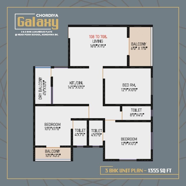 Floor plan of 3 BHK 982 Sq. Ft. Apartment in Chordiya Galaxy, Pune