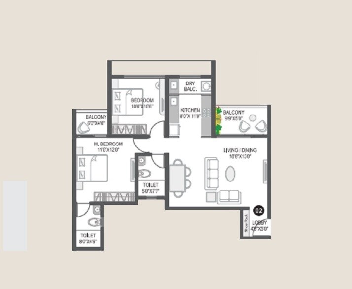 Floor plan of 2 BHK 904 Sq. Ft. Apartment in City One Vezdaa, Pune