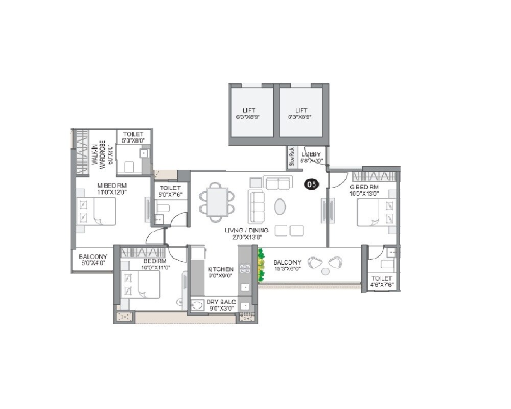 Floor plan of 3 BHK 1113 Sq. Ft. Apartment in City One Vezdaa, Pune